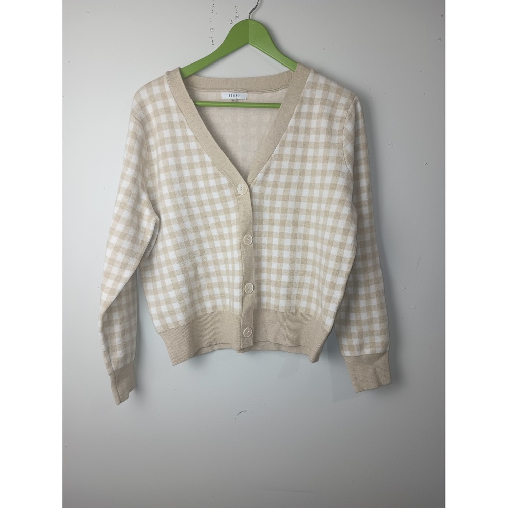 Sioni Beige White Gingham Check V-Neck Cardigan Sweater Womens XL Button Front